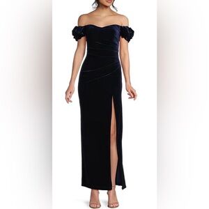 Velvet Off-Shoulder Navy Blue Long Dress by Pear Culture